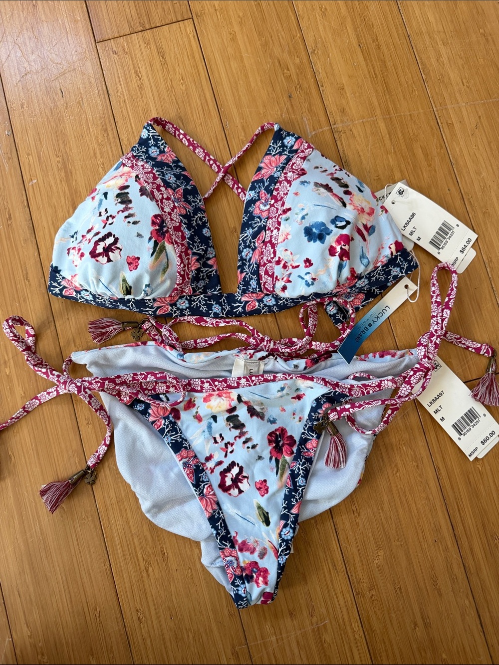 Lucky Brand Light Blue Floral Bikini with Pink and Navy Trim